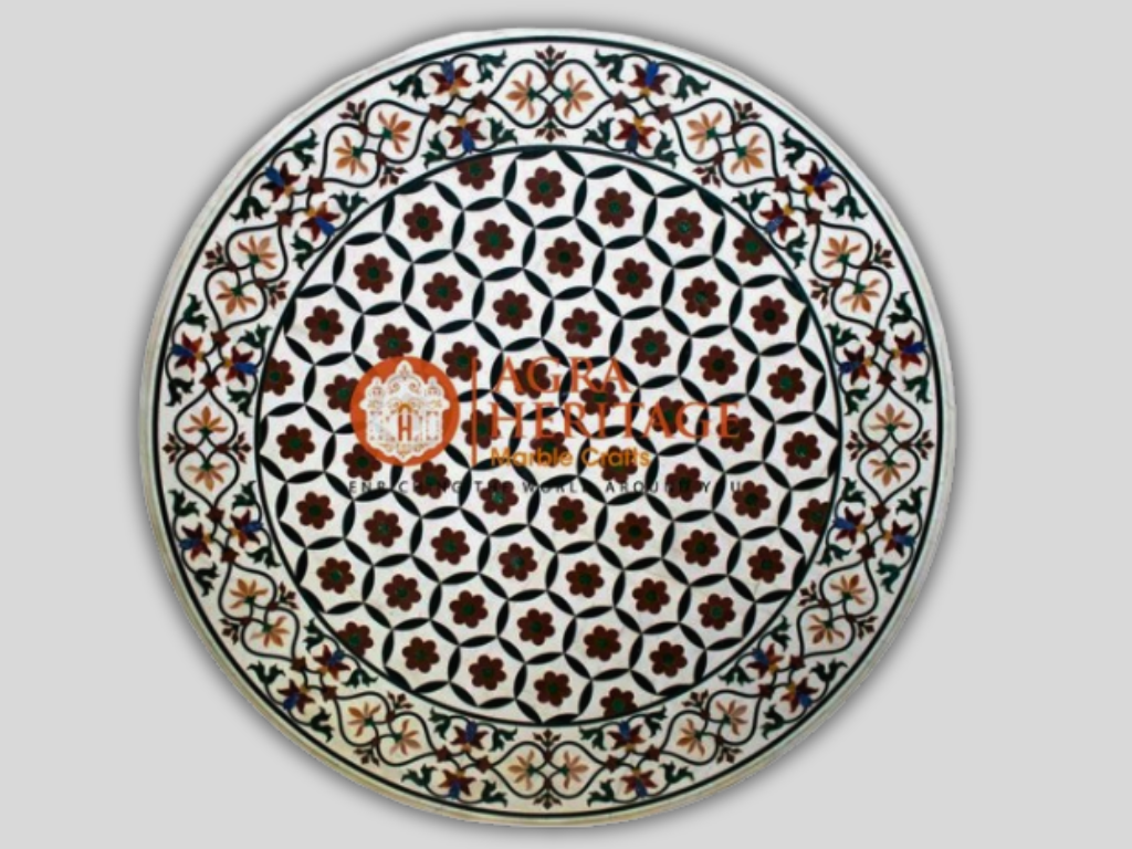 White Marble Round Dining Table Top Stunning Inlay Restaurant Decor